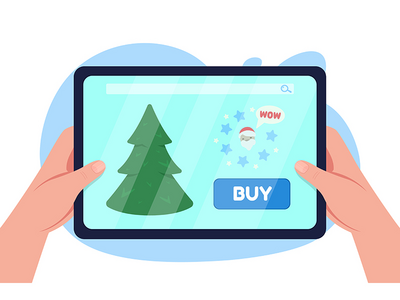 在线购买圣诞树 2D 矢量隔离插图(Buying Christmas tree online 2D vector isolated illustration)