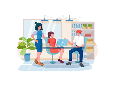 一组员工在计算机上工作。(A team of employees works on the computer.)