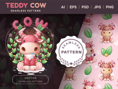 卡通人物泰迪牛-无缝模式(Cartoon Character Teddy Cow - Seamless Pattern)