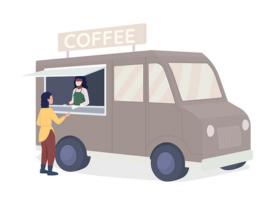 从面包车半平面彩色矢量字符中购买咖啡(Buying coffee from van semi flat color vector character)