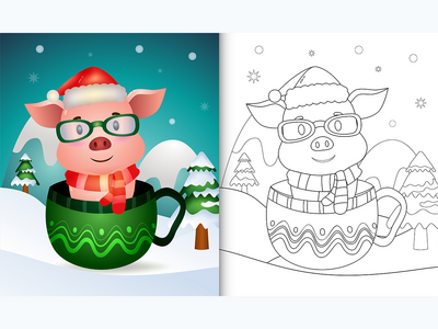 着色书，杯子里有可爱的猪圣诞人物(coloring book with a cute pig christmas characters  in the cup)