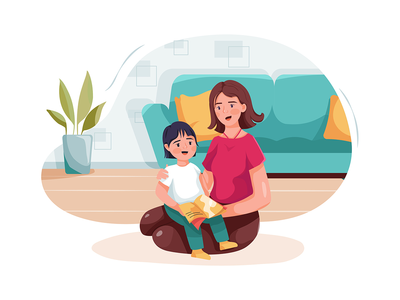 保姆抱着小女孩给孩子读童话故事。(Babysitter embracing little girl reading fairy tale to kid.)