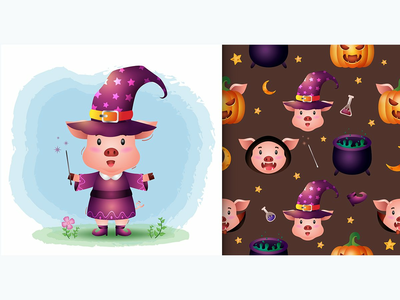 一只可爱的猪，带有万圣节服装无缝图案(a cute pig with costume halloween character seamless pattern)