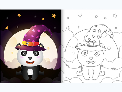 着色书与可爱的卡通万圣节女巫熊猫在月亮前(coloring book with a cute cartoon halloween witch panda front the moon)