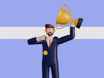 3d 男性角色举起获奖奖杯。 Psd 溢价(3d male character lifting the winning trophy. Psd Premium)