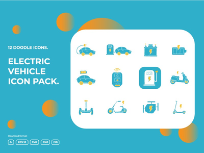12 电动汽车概念涂鸦插图图标集(12 Electrical vehicle concept doodle illustrations icon set)