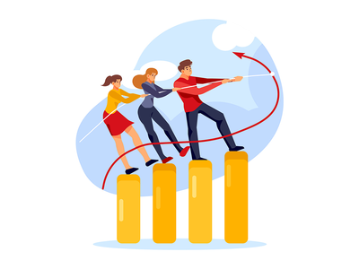 商务人士在条形图上拉箭头(Business people pulling arrow on bar graph)