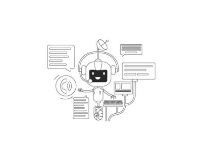 聊天机器人通信应用细线概念矢量图解(Chatbot communication app thin line concept vector illustration)