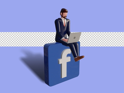 3d 男性角色正在笔记本电脑上打字并坐在 facebook 徽标上。 Psd 溢价(3d male character is typing on laptop and sitting on facebook logo. Psd Premium)