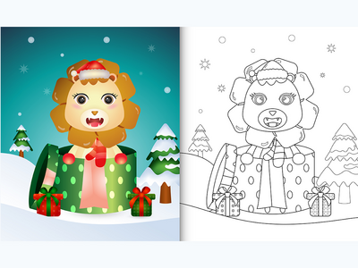 带有可爱的狮子圣诞人物的图画书(coloring book with a cute lion christmas characters)