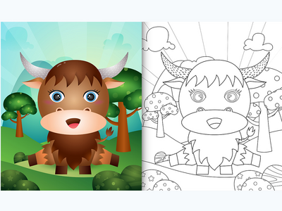 带有可爱水牛角色插图的儿童着色书(coloring book for kids with a cute buffalo character illustration)