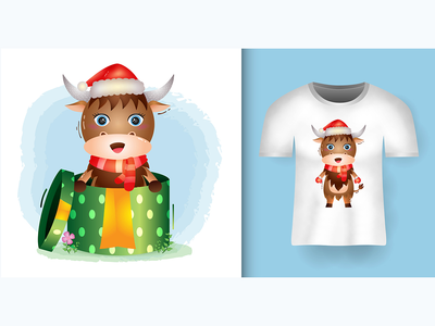 可爱的水牛圣诞人物，使用带有 T 恤设计的圣诞帽(cute buffalo christmas characters using santa hat with t-shirt design)