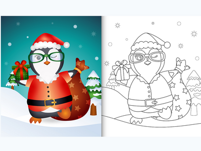 使用圣诞老人服装的可爱企鹅着色书(coloring book with a cute penguin using santa clause costume)
