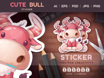 幼稚的卡通人物贴纸公牛牛牛(Childish Cartoon Character Sticker Bull Cow Ox)