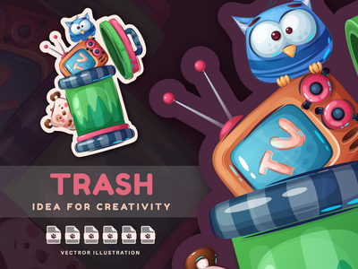 卡通动物、垃圾和电视 - 贴纸(Cartoon Animals, Trash and TV - Sticker)