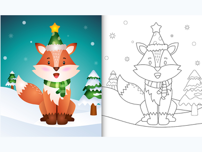 带有帽子和围巾的狐狸圣诞人物系列的着色书(coloring book with a fox christmas characters collection with a hat and scarf)