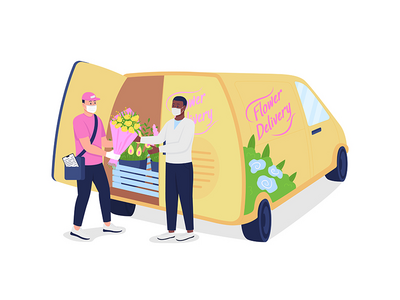 快递员在送货卡车附近给顾客送花平面彩色矢量图(Courier gives customer flowers near delivery truck flat color vector)