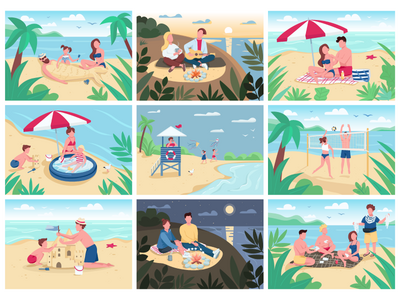 海滩活动平面彩色矢量插图集(Beach activities flat color vector illustrations set)