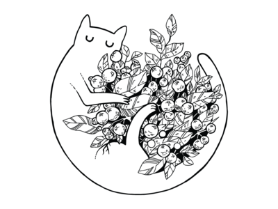 猫与花草稿插图(Cat with Flowers Scratchboard Illustration)