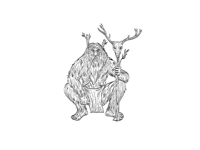 Basajaun 巴斯克神话中的森林之王蹲着画(Basajaun Lord of the Woods in Basque Mythology Squatting Drawing)