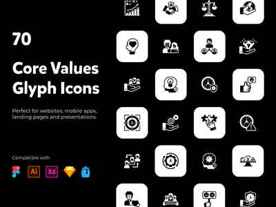 70 个核心价值观字形图标(70 Core Values Glyph Icons)