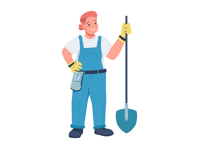 自信的女工，带有铲子半平面彩色矢量字符(Confident female worker with shovel semi flat color vector character)