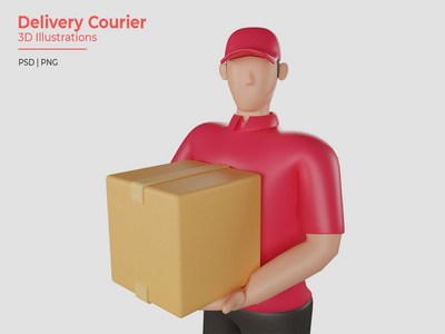 一名身穿红色衬衫的送货员拿着客户货物的 3d 插图(3d illustration of a delivery man wearing a red shirt holding a customer's goods)