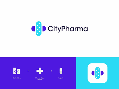 CityPharma 标志设计 - 城市/建筑 + 医疗十字符号 + 胶囊(CityPharma Logo Design - City/Building + Medical Cross Symbol + Capsule)