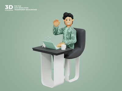 使用笔记本电脑工作的 3d 男性角色(3d male character working using laptop)