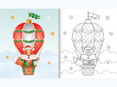 用热气球上可爱的狐狸圣诞人物着色书(coloring book with a cute fox christmas characters on hot air balloon)