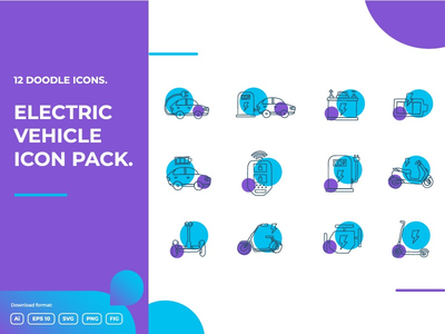 12 电动汽车概念涂鸦插图图标集(12 Electrical vehicle concept doodle illustrations icon set)