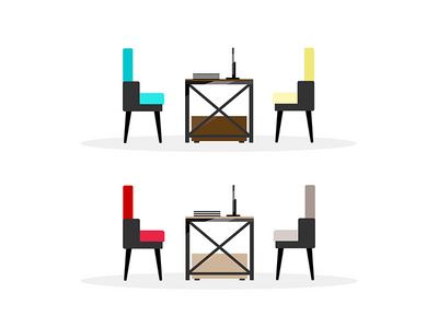 带椅子平面颜色矢量对象集的电脑桌(Computer table with chairs flat color vector objects set)