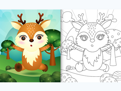 带有可爱鹿角色插图的儿童着色书(coloring book for kids with a cute deer character illustration)