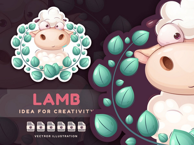 卡通人物动物羊在叶子-贴纸(Cartoon Character Animal Sheep in Leaf - Sticker)