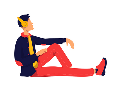 戴着无线耳机半平面彩色矢量字符的无忧无虑的家伙(Carefree guy wearing wireless headphones semi flat color vector character)