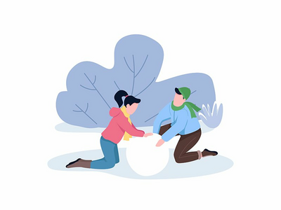 夫妇一起堆雪人半平面彩色矢量字符(Couple making snowman together semi flat color vector characters)