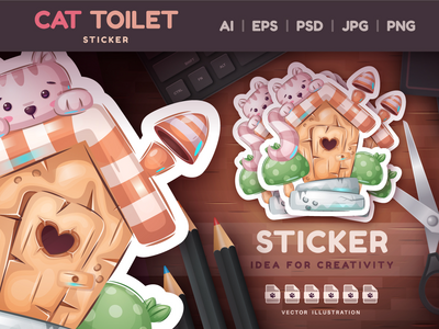幼稚的卡通人物猫厕所 |可爱的动物插图 PNG(Childish Cartoon Character Cat Toilet | Cute Animal Illustration PNG)