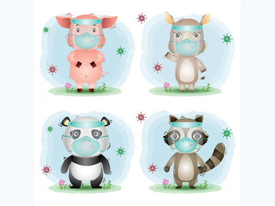 使用面罩和面具的可爱动物：猪、犀牛、熊猫和浣熊(cute animal using face shield and mask : pig, rhino, panda and raccoon)