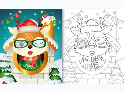 用可爱的鹿圣诞人物着色书(coloring book with a cute deer christmas characters)