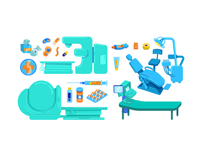 诊所设备平面颜色矢量对象集(Clinic equipment flat color vector object set)