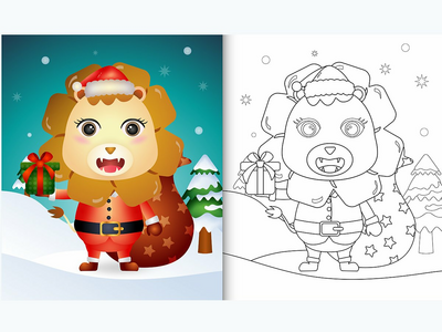 用圣诞老人服装为可爱的狮子着色书(coloring book with a cute lion using santa clause costume)