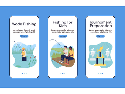 野营旅行与钓鱼登机移动应用程序屏幕平面矢量模板(Camping trip with fishing onboarding mobile app screen flat vector template)