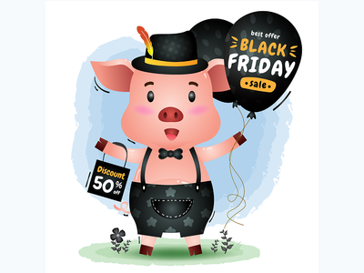 黑色星期五销售与可爱的猪举行气球促销(Black friday sale with a cute pig hold balloon promotion)