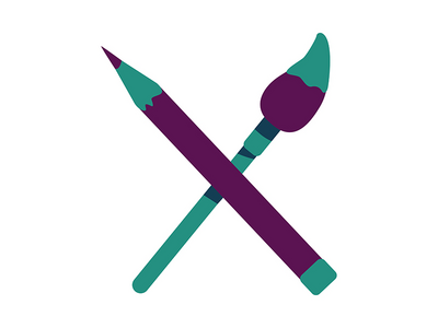 交叉铅笔和画笔半平面彩色矢量对象(Crossed pencil and brush semi flat color vector object)