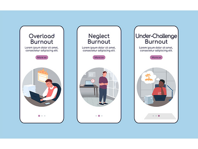 倦怠类型载入移动应用程序屏幕平面矢量模板(Burnout types onboarding mobile app screen flat vector template)