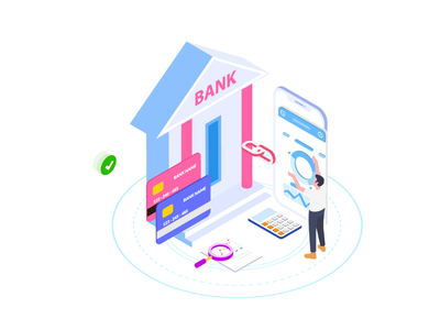 通过财务等轴测图将账户与银行联系起来(Connect Account with Bank by Finance Isometric Illustration)