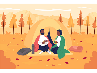 情侣露营在秋季平面彩色矢量图(Couple camping in autumn flat color vector illustration)
