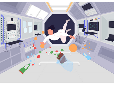 空间站内的宇航员平面彩色矢量图(Astronauts inside space station flat color vector illustration)
