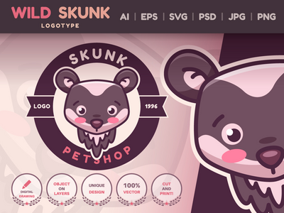 卡通人物动物臭鼬-标识(Cartoon Character Animal Skunk - Logotype)