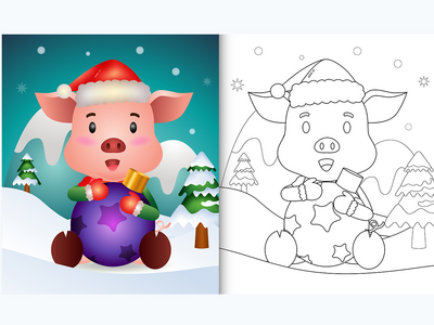 着色书与可爱的猪拥抱圣诞球(coloring book with a cute pig hug christmas ball)